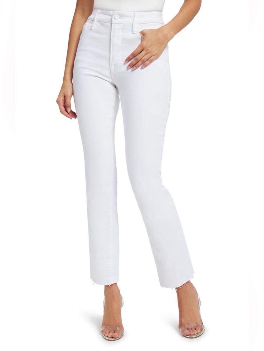 Good American Good Straight Jeans 8/29 White 037 High Rise Raw Hem Stretch